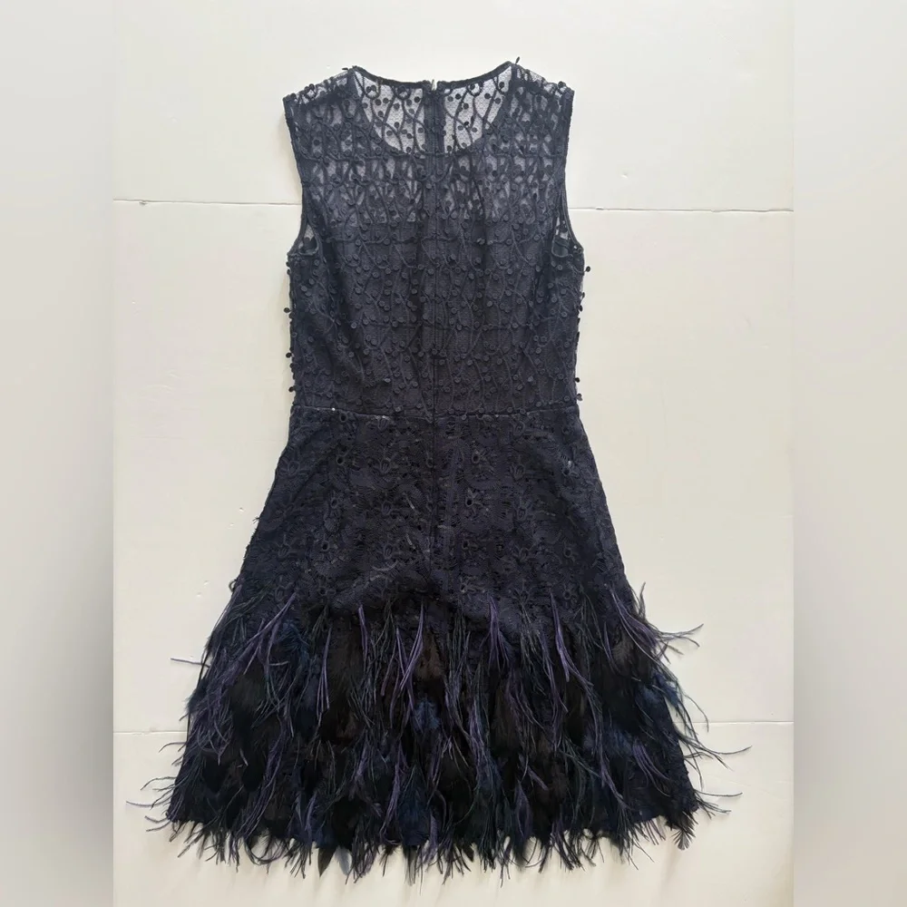 Elie Tahari Annabelle Feather-Trimmed Embellished Gauze Dress Navy Blue 0 - Picture 7 of 9